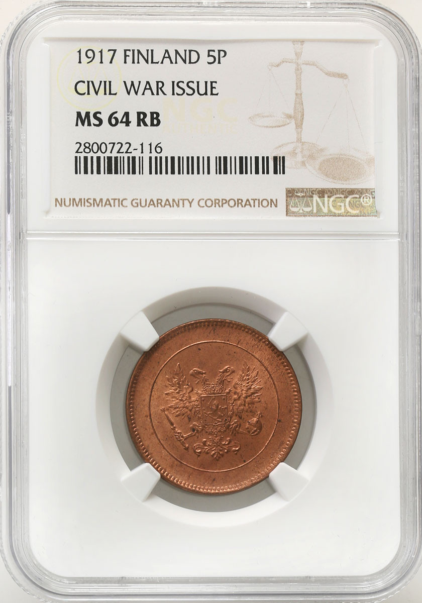 Rosja / Finlandia. Mikołaj II. 5 pennia 1917, Helsinki NGC MS64 RB